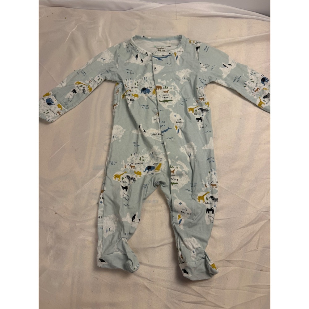 Magnetic Me Newborn Footie Magnetic Closure World Map Animal Print Blue Pajamas